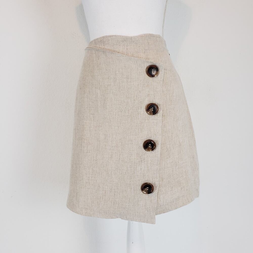 NEW!! Fashion On Earth SIZE M Faux Wrap Lined Skirt Beige Buttons Linen Blend